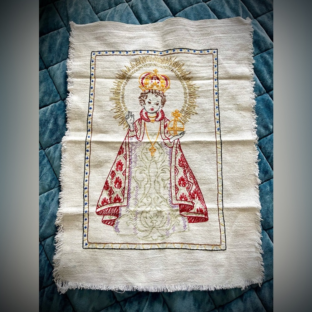 Infant of Prague Vintage Needlepoint Embroidery Linen.